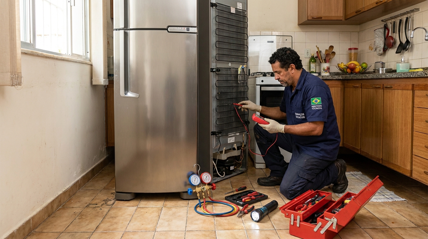 Técnico realizando manutenção de motor de geladeira nos Amarais, Campinas‑SP