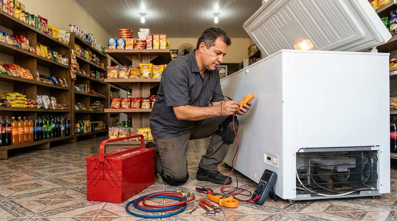 Recarga de gás refrigerante em freezer em atendimento em Campinas‑SP